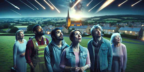 Create a photorealistic image in high definition of a group of diverse residents, including a Middle-Eastern woman and a South Asian man, looking towards the sky with expressions of awe and confusion as they witness an unexpected satellite show, with streaks of bright light breaking through the dusk sky of a locality that represents rural Dorset, England, characterized by its green countryside landscape and traditional English houses.