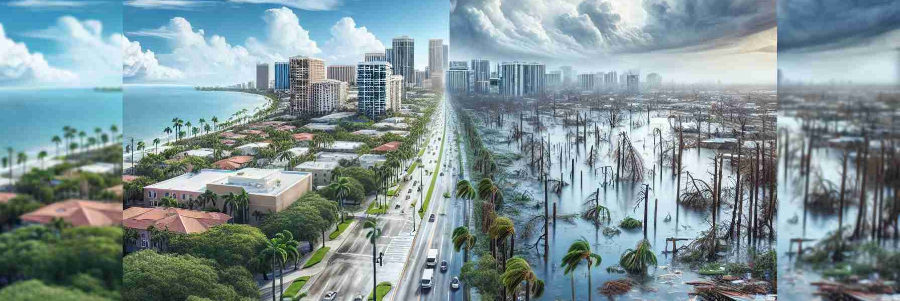 High-definition, realistic image showcasing Hurricane Milton's impact on Florida. To visually compare, divide the image into two parts. The left half showing Florida before the hurricane with clear skies, green trees, and bustling city life. The right half illustrating post-hurricane devastation with flooded streets, fallen trees, and empty, debris-ridden sidewalks.