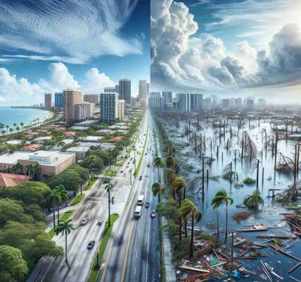 High-definition, realistic image showcasing Hurricane Milton's impact on Florida. To visually compare, divide the image into two parts. The left half showing Florida before the hurricane with clear skies, green trees, and bustling city life. The right half illustrating post-hurricane devastation with flooded streets, fallen trees, and empty, debris-ridden sidewalks.