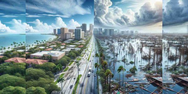 High-definition, realistic image showcasing Hurricane Milton's impact on Florida. To visually compare, divide the image into two parts. The left half showing Florida before the hurricane with clear skies, green trees, and bustling city life. The right half illustrating post-hurricane devastation with flooded streets, fallen trees, and empty, debris-ridden sidewalks.