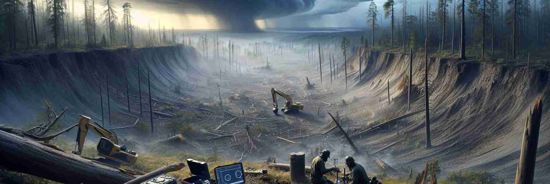 A photo-realistic, high-definition image depicting the aftermath of Hurricane Helene. The scene shows a vast landscape dramatically changed by the hurricane, with clear signs of landslides - bare, scraped earth, fallen trees, and rubble. In the background, stormy skies recede, allowing for a tinge of sunlight illuminating the scene. In the foreground, carefully, instruments and technology used for landslide monitoring are being set up by a team of researchers.