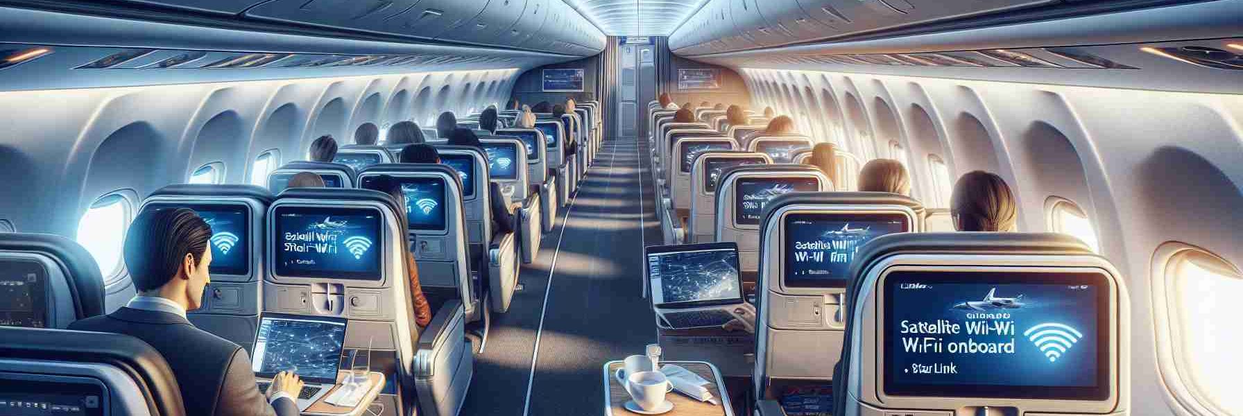 A high-definition, realistic image of a commercial airline, unbranded but implying luxury and quality, launching its new satellite Wi-Fi service called 'Starlink' onboard. The picture showcases the interior of the plane; passengers are seen working on their laptops, enjoying seamless internet connectivity during flight. The airline cabin demonstrates advanced technology features, enhancing customer experience.