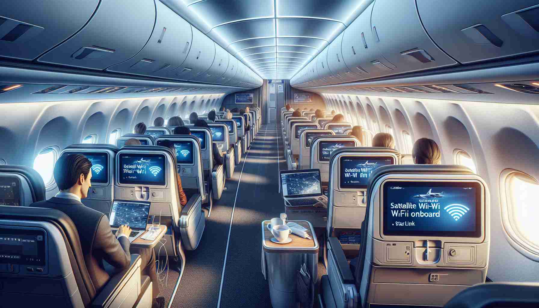 A high-definition, realistic image of a commercial airline, unbranded but implying luxury and quality, launching its new satellite Wi-Fi service called 'Starlink' onboard. The picture showcases the interior of the plane; passengers are seen working on their laptops, enjoying seamless internet connectivity during flight. The airline cabin demonstrates advanced technology features, enhancing customer experience.