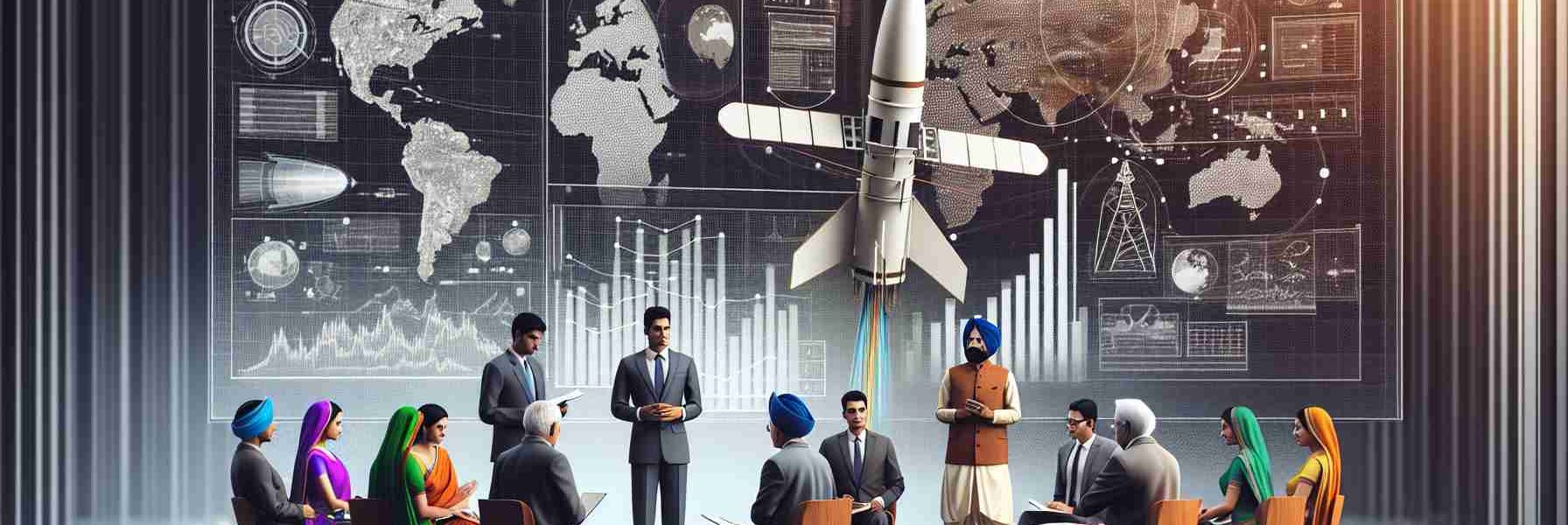 A high-definition, photo-realistic image portraying an administrative allocation event for a satellite broadband spectrum in India. It features several professionals with ethnicities representative of the diverse cultural backgrounds found in India including South Indian, Punjabi, Bengali, and Gujarati. This scene could include people engaging in dialogue, a backdrop of infographics or diagrams representing the satellite broadband spectrum, and perhaps a model satellite to provide a visual aid.