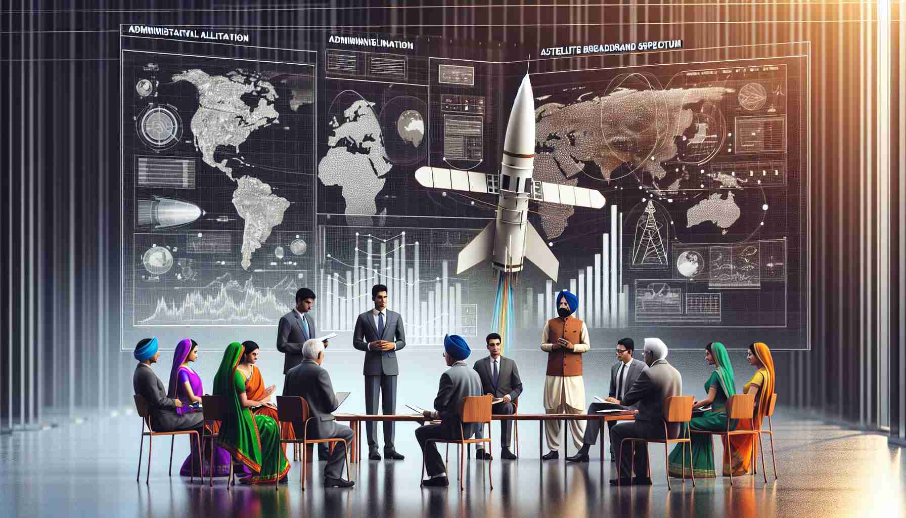 A high-definition, photo-realistic image portraying an administrative allocation event for a satellite broadband spectrum in India. It features several professionals with ethnicities representative of the diverse cultural backgrounds found in India including South Indian, Punjabi, Bengali, and Gujarati. This scene could include people engaging in dialogue, a backdrop of infographics or diagrams representing the satellite broadband spectrum, and perhaps a model satellite to provide a visual aid.