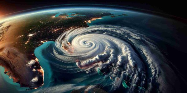 Create an ultra-high definition, realistic image of a hurricane named Milton that is intensifying as it nears the coastline of Florida. The thunderstorm should be massive, with spiralling tendrils of cloud indicating its immense power. The Florida coast should be visible in the distance, bracing for the impending storm. Use the style of a satellite weather photograph, with vivid colours to symbolize different weather phenomena and their intensities.