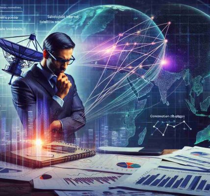 A vivid, high-definition image of a theoretical business person, preparing strategy to withstand competition in the market, as a conceptual high-speed internet satellite provider eyes the Indian market. The scene portrays the business person pondering over papers filled with graphs and data, a diagram of satellite network in the background and a map of India suggesting potential market entry.