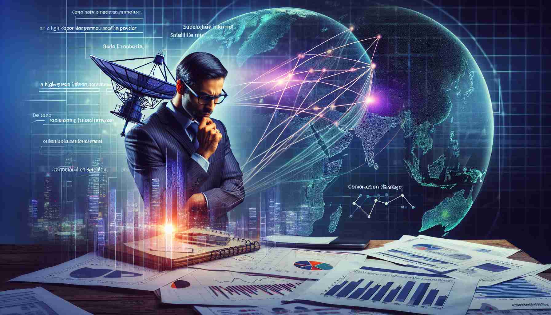 A vivid, high-definition image of a theoretical business person, preparing strategy to withstand competition in the market, as a conceptual high-speed internet satellite provider eyes the Indian market. The scene portrays the business person pondering over papers filled with graphs and data, a diagram of satellite network in the background and a map of India suggesting potential market entry.