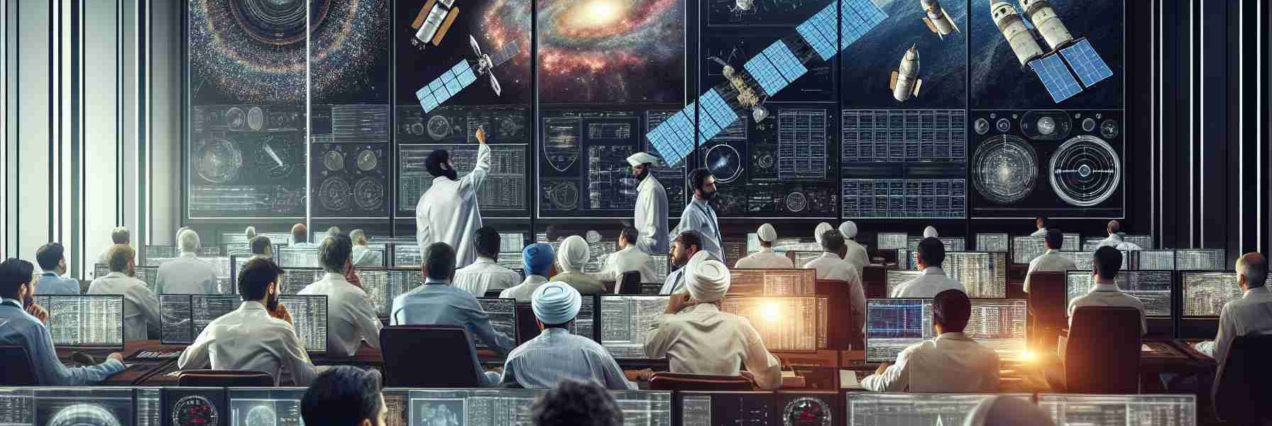 A photo-realistic, high-definition image of a significant milestone for a collaborative satellite project. The image shows engineers of varying descents including Middle-Eastern, Caucasian and South Asian, all genders, busily working in the control room. There are also graphical representations of satellites, trajectories, and orbits. Monitors display complex data and telemetry information. The room is filled with a sense of achievement as everyone celebrates the success of their milestone.