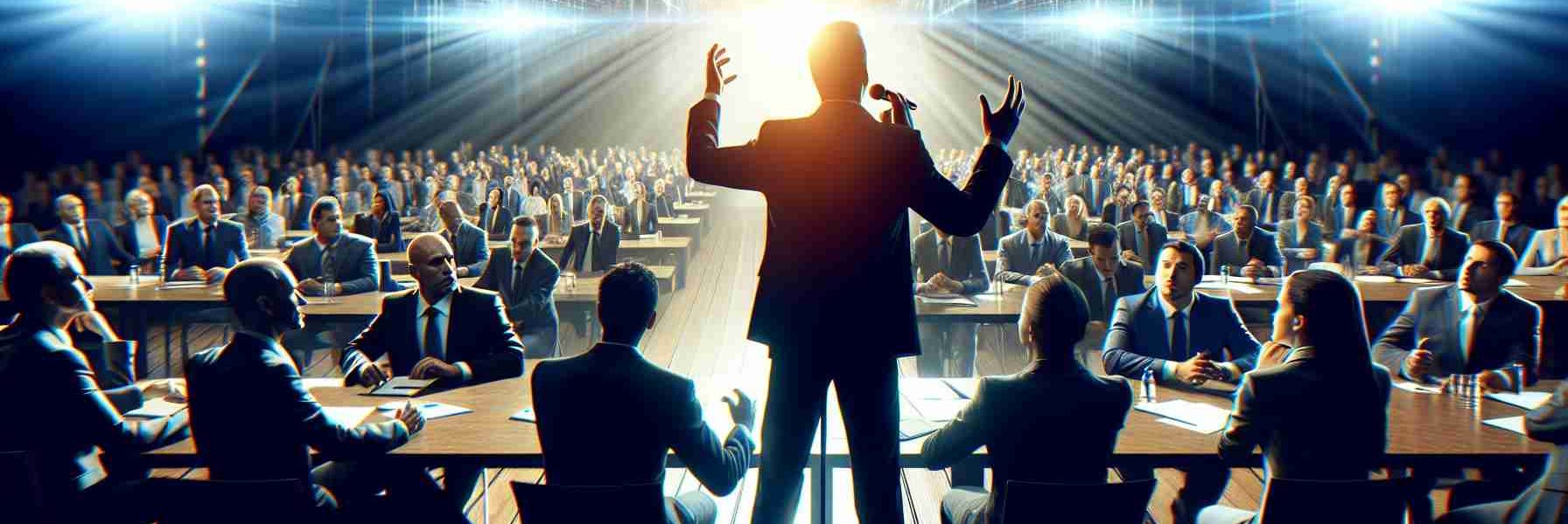 Generate a realistic, high-definition image depicting a generic business mogul passionately advocating for satellite spectrum auctions in a crowded conference room filled with rival business delegates under the glow of intense lighting. The atmosphere is charged with competition, reflecting the high stakes of the spectrum auctions.