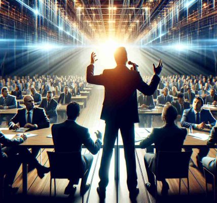 Generate a realistic, high-definition image depicting a generic business mogul passionately advocating for satellite spectrum auctions in a crowded conference room filled with rival business delegates under the glow of intense lighting. The atmosphere is charged with competition, reflecting the high stakes of the spectrum auctions.