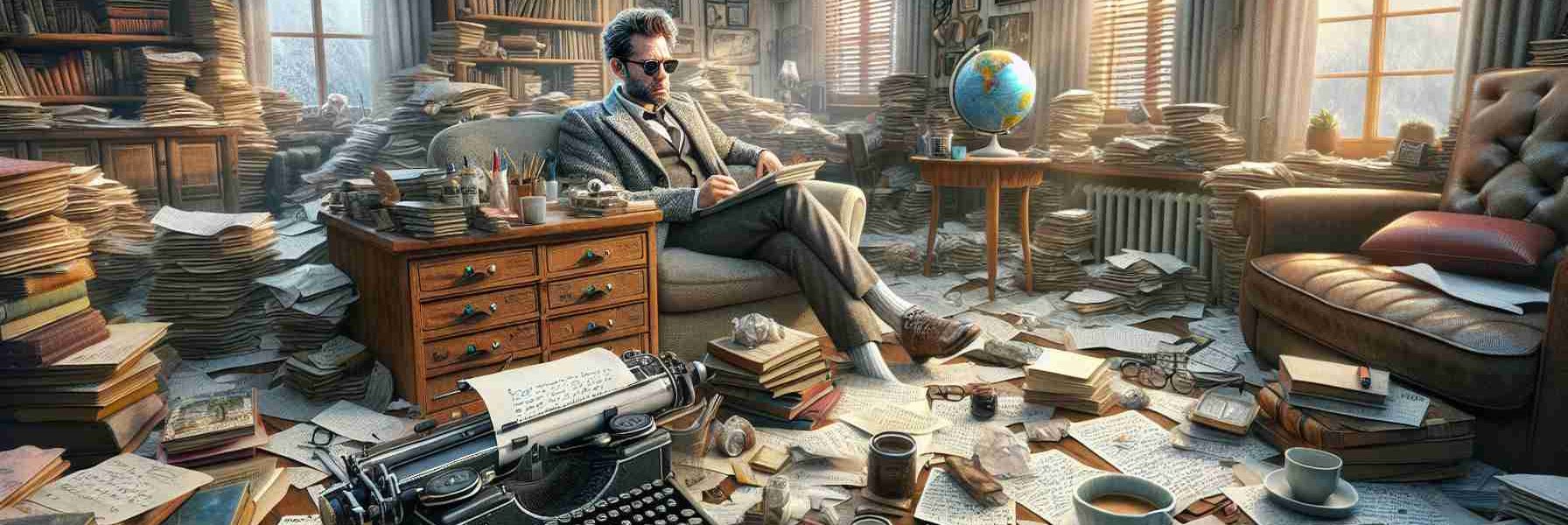 Detailed, high-definition image illustrating the unconventional life of a Caucasian man, who is an author, during a period of isolation. Picture shows him in a comfortable home study, surrounded by heaps of draft notes, scribbled ideas, well-worn books, and cups of half-drunk coffee. The room is filled with a plethora of curious items that reflect his eccentricities - a typewriter from the 1900s, a globe highlighting places he dreams of visiting, a quirky collection of vintage eyeglasses, all bathed in the soft, natural light coming from a large window overlooking a serene landscape.