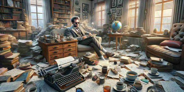 Detailed, high-definition image illustrating the unconventional life of a Caucasian man, who is an author, during a period of isolation. Picture shows him in a comfortable home study, surrounded by heaps of draft notes, scribbled ideas, well-worn books, and cups of half-drunk coffee. The room is filled with a plethora of curious items that reflect his eccentricities - a typewriter from the 1900s, a globe highlighting places he dreams of visiting, a quirky collection of vintage eyeglasses, all bathed in the soft, natural light coming from a large window overlooking a serene landscape.