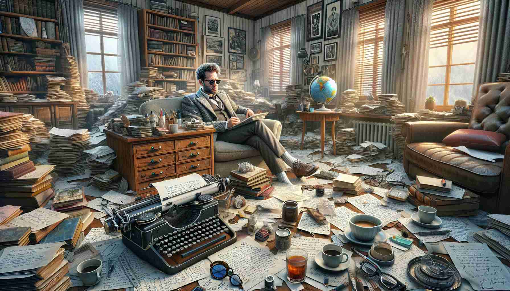 Detailed, high-definition image illustrating the unconventional life of a Caucasian man, who is an author, during a period of isolation. Picture shows him in a comfortable home study, surrounded by heaps of draft notes, scribbled ideas, well-worn books, and cups of half-drunk coffee. The room is filled with a plethora of curious items that reflect his eccentricities - a typewriter from the 1900s, a globe highlighting places he dreams of visiting, a quirky collection of vintage eyeglasses, all bathed in the soft, natural light coming from a large window overlooking a serene landscape.