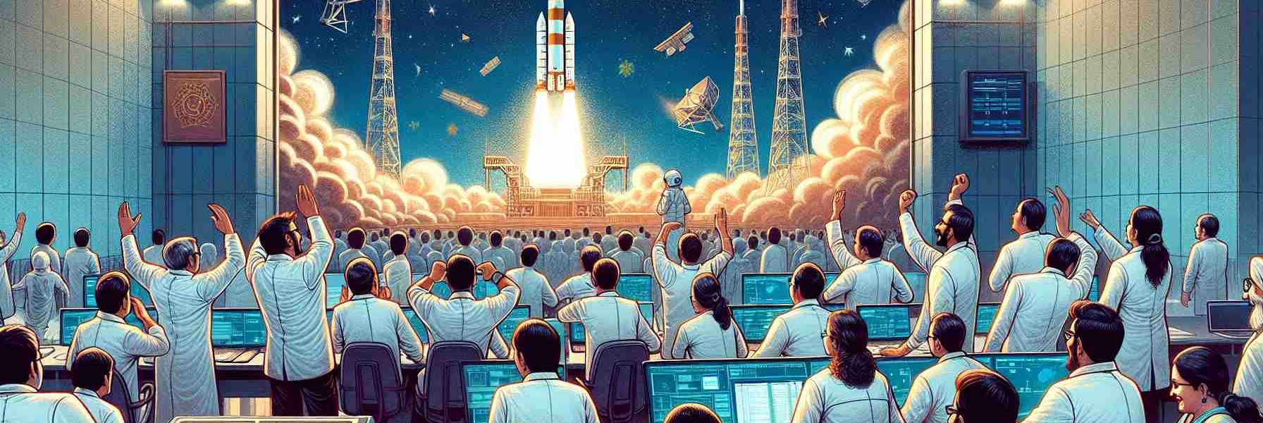 A detailed HD illustration representing a significant moment in space exploration: the successful satellite launch by India. Imagine the scene at the telemetry tracking and command network center, with a diverse group of scientists and engineers, split evenly between men and women of South Asian descent, celebrating the historic moment. Depict the excitement on their faces, as they watch the rocket leaving the surface of the Earth, breaking through the clouds and heading towards the starry sky. Also, give subtle hints of Indian culture ornamentation in the background.