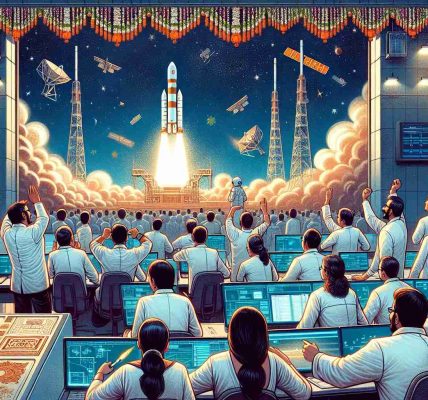 A detailed HD illustration representing a significant moment in space exploration: the successful satellite launch by India. Imagine the scene at the telemetry tracking and command network center, with a diverse group of scientists and engineers, split evenly between men and women of South Asian descent, celebrating the historic moment. Depict the excitement on their faces, as they watch the rocket leaving the surface of the Earth, breaking through the clouds and heading towards the starry sky. Also, give subtle hints of Indian culture ornamentation in the background.