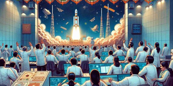 A detailed HD illustration representing a significant moment in space exploration: the successful satellite launch by India. Imagine the scene at the telemetry tracking and command network center, with a diverse group of scientists and engineers, split evenly between men and women of South Asian descent, celebrating the historic moment. Depict the excitement on their faces, as they watch the rocket leaving the surface of the Earth, breaking through the clouds and heading towards the starry sky. Also, give subtle hints of Indian culture ornamentation in the background.