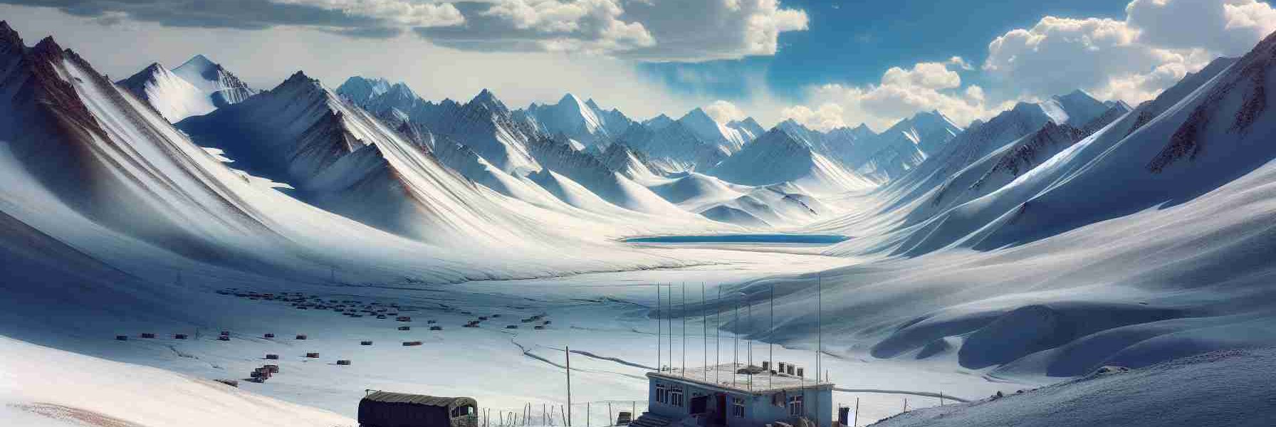 Generate a highly realistic and high definition photograph of a peaceful scene in Eastern Ladakh. The image should depict signs of disengagement, indicating calm and tranquility returning to the area. The landscape could include pristine white peaks surrounded by blue skies and crisp untouched snow, dotted with an occasional military outpost. The outpost should reflect signs of reduced activity, symbolizing peace returning back.