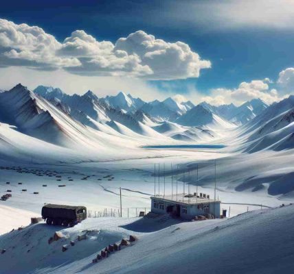 Generate a highly realistic and high definition photograph of a peaceful scene in Eastern Ladakh. The image should depict signs of disengagement, indicating calm and tranquility returning to the area. The landscape could include pristine white peaks surrounded by blue skies and crisp untouched snow, dotted with an occasional military outpost. The outpost should reflect signs of reduced activity, symbolizing peace returning back.