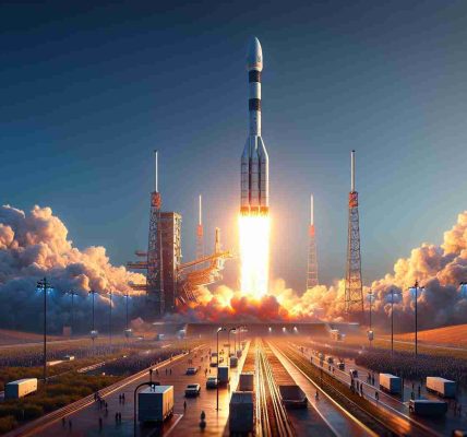 Realistic, high-definition image of a large rocket launching into the clear sky, representing the expansion of a country's satellite fleet. The rocket trails bright, fiery hot exhaust, contrasting with the cool blues of the sky. The launch pad can be seen in the background, filled with an array of technical equipment and personnel busied with the preparation and post-launch procedures. Onlookers, astounded by the spectacle, watch the progress of the rocket from afar. This scene symbolizes the technological advancements in satellite deployment.