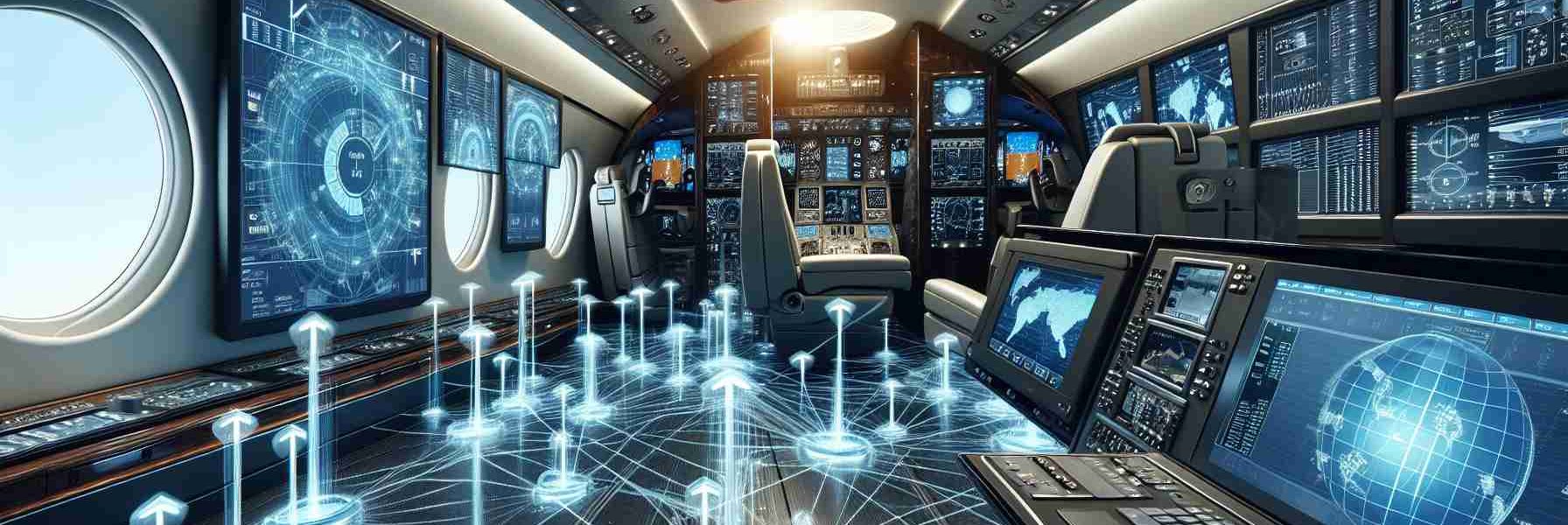 A realistic, high-definition image depicting enhanced connectivity systems for a large, twin-engine business jet similar to Gulfstream G650. The image showcases the network infrastructure that powers the onboard communications and entertainment systems. In the background, the interior of the aircraft cockpit evidenced with digital screens and control system can be seen. The primary focus of the image, though, is the modern technology that provides high-speed internet, real-time video conferencing, and seamless global coverage throughout the aircraft.