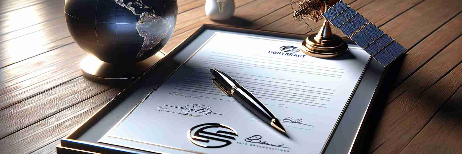 Realistic high-definition image of a symbolic achievement event for a satellite communications company. The image shows a signed contract on a wooden table, with a stylized satellite model and a globe positioned nearby. The company logo is elegantly embossed on the top of the contract, hinting at its successful new venture.