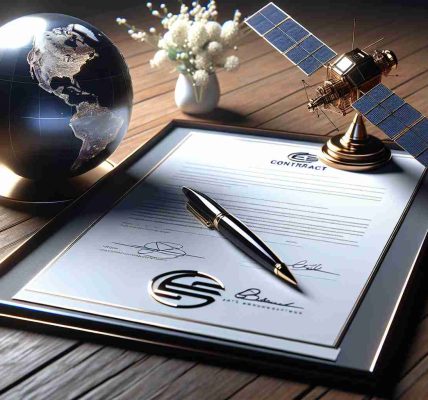 Realistic high-definition image of a symbolic achievement event for a satellite communications company. The image shows a signed contract on a wooden table, with a stylized satellite model and a globe positioned nearby. The company logo is elegantly embossed on the top of the contract, hinting at its successful new venture.