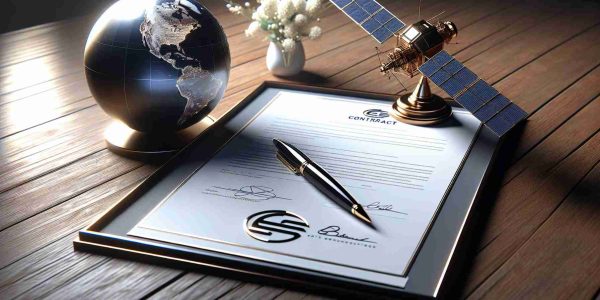 Realistic high-definition image of a symbolic achievement event for a satellite communications company. The image shows a signed contract on a wooden table, with a stylized satellite model and a globe positioned nearby. The company logo is elegantly embossed on the top of the contract, hinting at its successful new venture.