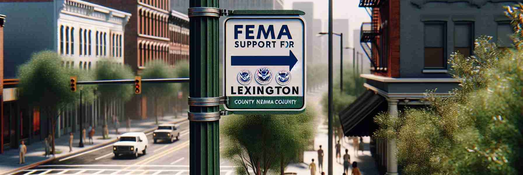 High-resolution, realistic photograph of a signpost indicating that FEMA Support is available for residents of a county named Lexington. The sign should be evident in an urban environment, displaying clear lettering against a noticeable backdrop. Around this, glimpse of buildings, sidewalk, trees and the hustle bustle of everyday life, with people of mixed genders and descents such as Hispanic, Caucasian and South Asian.