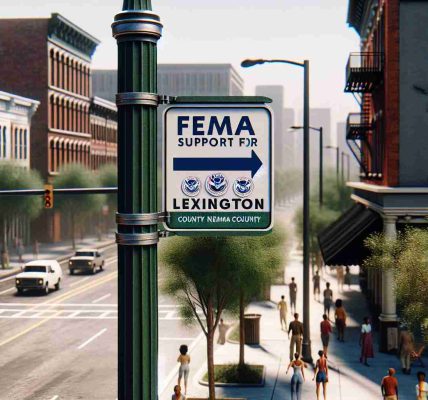 High-resolution, realistic photograph of a signpost indicating that FEMA Support is available for residents of a county named Lexington. The sign should be evident in an urban environment, displaying clear lettering against a noticeable backdrop. Around this, glimpse of buildings, sidewalk, trees and the hustle bustle of everyday life, with people of mixed genders and descents such as Hispanic, Caucasian and South Asian.