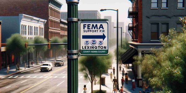 High-resolution, realistic photograph of a signpost indicating that FEMA Support is available for residents of a county named Lexington. The sign should be evident in an urban environment, displaying clear lettering against a noticeable backdrop. Around this, glimpse of buildings, sidewalk, trees and the hustle bustle of everyday life, with people of mixed genders and descents such as Hispanic, Caucasian and South Asian.