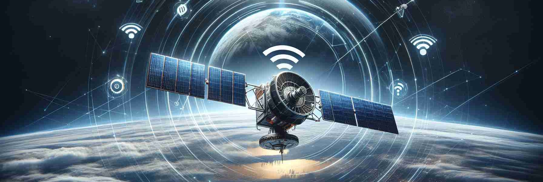 A high-definition and realistic image showing the concept of a company all set to introduce satellite Internet services. Show the company's logo clearly placed on a satellite floating against the backdrop of outer space with Earth in the distance. Also incorporate visual elements that represent internet services like WiFi signals.