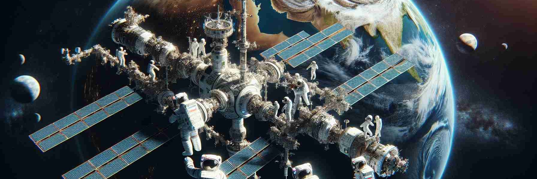 Detailed depiction of Russian and Iranian astronauts conducting a joint space exploration mission. They are around a highly technological space station orbiting earth, communicating their findings to their earth-based teams. The Earth appears in the background highlighting the countries of Iran and Russia. It's HD, immensely detailed and realistic, capturing the vast and awe-inspiring essence of space.