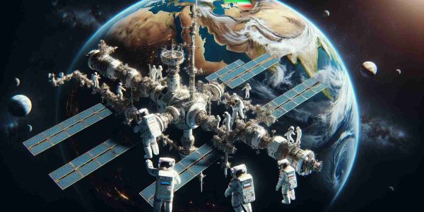 Detailed depiction of Russian and Iranian astronauts conducting a joint space exploration mission. They are around a highly technological space station orbiting earth, communicating their findings to their earth-based teams. The Earth appears in the background highlighting the countries of Iran and Russia. It's HD, immensely detailed and realistic, capturing the vast and awe-inspiring essence of space.