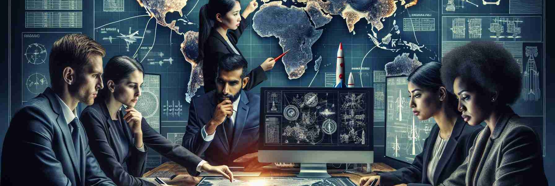 Generate a high-definition, realistic image that represents the concept of evaluating missile defense strategies during potential conflicts. The image might include a backdrop of a world map dotted with potential conflict zones, and a diverse range of strategists: a Caucasian woman looking intently at the map with a pointer, a South Asian man pouring over a set of defense blueprints on a nearby table, a Hispanic man on a computer doing simulations, and a Black woman on a communication device coordinating defense strategies. Include elements such as infographics, charts, and strategic notes to amplify the mood of analysis and problem-solving.