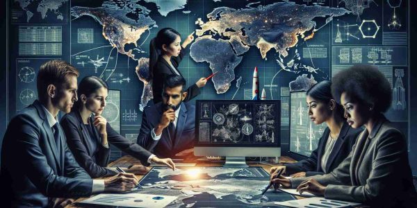 Generate a high-definition, realistic image that represents the concept of evaluating missile defense strategies during potential conflicts. The image might include a backdrop of a world map dotted with potential conflict zones, and a diverse range of strategists: a Caucasian woman looking intently at the map with a pointer, a South Asian man pouring over a set of defense blueprints on a nearby table, a Hispanic man on a computer doing simulations, and a Black woman on a communication device coordinating defense strategies. Include elements such as infographics, charts, and strategic notes to amplify the mood of analysis and problem-solving.