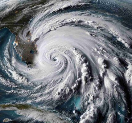 Detailed and high-definition image portraying Hurricane Milton in its powerful and threatening Category 5 state, ominously looming over Florida. The image should reveal the mammoth size of the storm, with clearly demarcated eyewall and bands of intense storm cells spiralling outwards. The landmass of Florida should be visible beneath, as the storm approaches its shores.