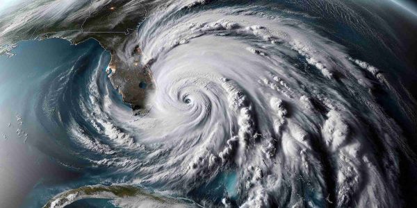 Detailed and high-definition image portraying Hurricane Milton in its powerful and threatening Category 5 state, ominously looming over Florida. The image should reveal the mammoth size of the storm, with clearly demarcated eyewall and bands of intense storm cells spiralling outwards. The landmass of Florida should be visible beneath, as the storm approaches its shores.