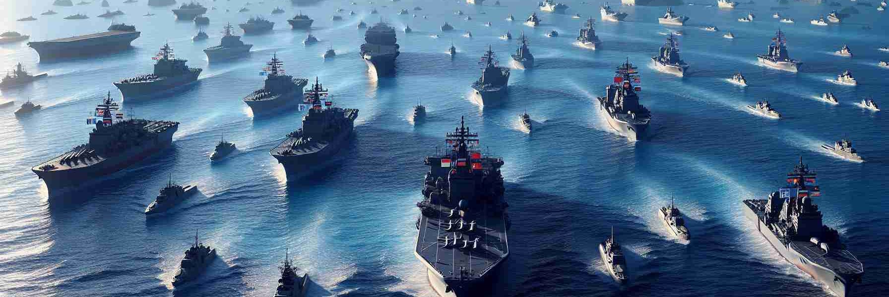 A high-definition, realistic image showcasing a large body of water representing the South China Sea. Amidst the vast expanse of the sea, there are various naval military vehicles. Their flags or insignia should be non-specific, and there should be a generic Asian military aesthetic to them. The scene should convey an escalating military presence, with ships traversing the waters and maritime aircraft hovering above. The surrounding environment should evoke elements of the contested region, displaying a mixture of calm and turbulence in the sea waters and the distant view of tropical islands on the horizon.