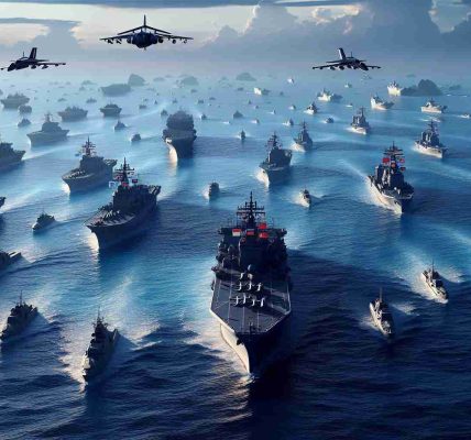 A high-definition, realistic image showcasing a large body of water representing the South China Sea. Amidst the vast expanse of the sea, there are various naval military vehicles. Their flags or insignia should be non-specific, and there should be a generic Asian military aesthetic to them. The scene should convey an escalating military presence, with ships traversing the waters and maritime aircraft hovering above. The surrounding environment should evoke elements of the contested region, displaying a mixture of calm and turbulence in the sea waters and the distant view of tropical islands on the horizon.