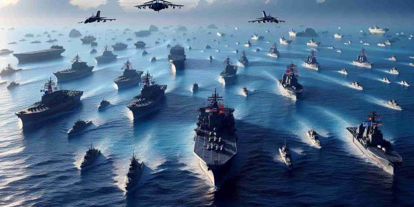 A high-definition, realistic image showcasing a large body of water representing the South China Sea. Amidst the vast expanse of the sea, there are various naval military vehicles. Their flags or insignia should be non-specific, and there should be a generic Asian military aesthetic to them. The scene should convey an escalating military presence, with ships traversing the waters and maritime aircraft hovering above. The surrounding environment should evoke elements of the contested region, displaying a mixture of calm and turbulence in the sea waters and the distant view of tropical islands on the horizon.