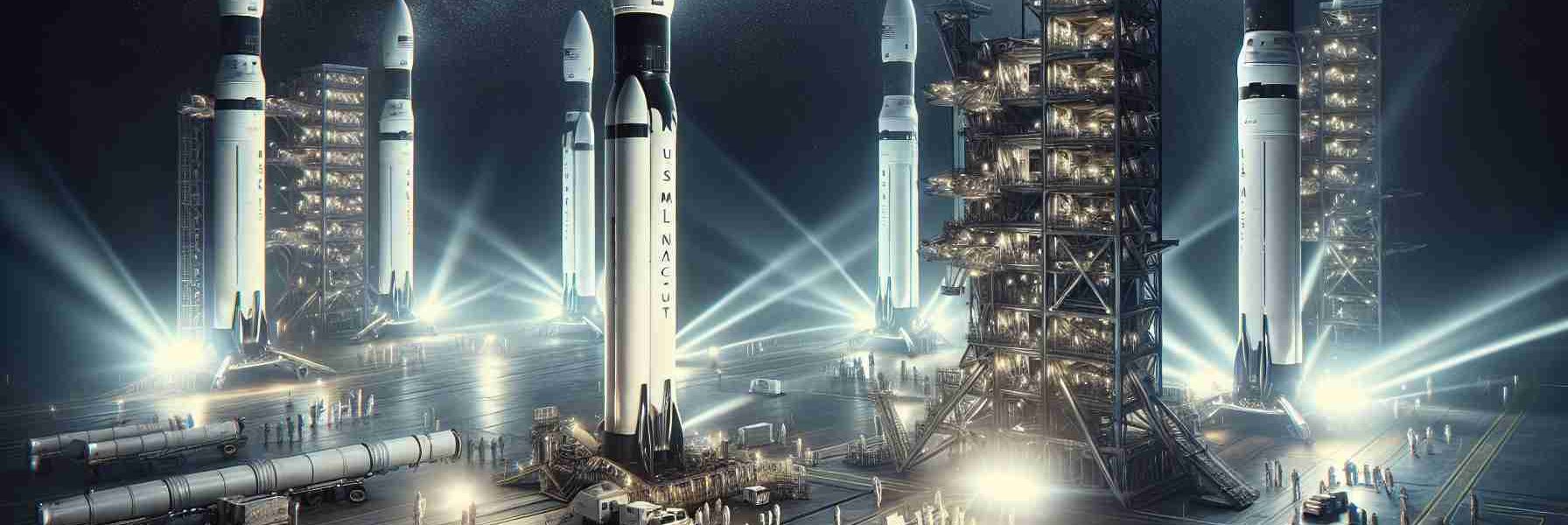 A high-definition, realistic image of a spaceport scene. In the foreground, heavy-duty rockets, emblematic of advanced aerospace technology, are being readied for launching. These rockets are characterized by their sleek design, white and black color scheme, and the emblazoned words 'U.S. Military Launches' that signify their purpose. The scene is bustling with engineers and technicians of mixed genders and various descents working tirelessly on their preparatory tasks. Intense beams of light illuminate the rockets, while the expansive night sky forms the backdrop, filled with the promise of the deep cosmos beyond.