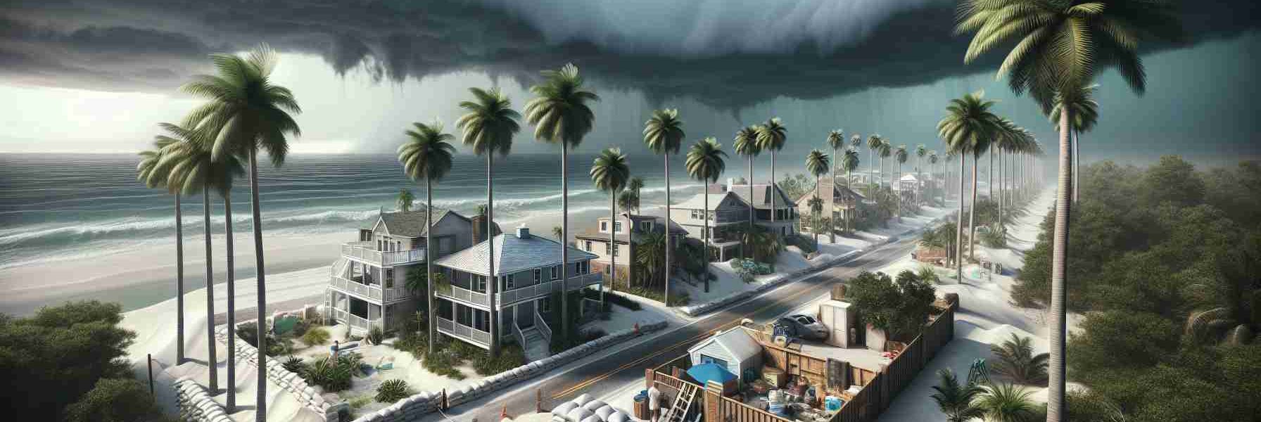 A realistic, high-definition image depicting the state of Florida under ominous, cloudy skies. The weather is indicative of an impending tropical storm, which has led to a conspicuous air of cautiousness. Palm trees and coastal homes can be seen prepared for the storm, with securely fastened shutters and sandbags around the foundations. People are seen displaying preparation measures, such as storing water and supplies, whilst upholding safety protocols.