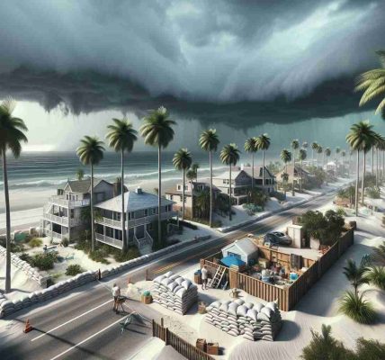 A realistic, high-definition image depicting the state of Florida under ominous, cloudy skies. The weather is indicative of an impending tropical storm, which has led to a conspicuous air of cautiousness. Palm trees and coastal homes can be seen prepared for the storm, with securely fastened shutters and sandbags around the foundations. People are seen displaying preparation measures, such as storing water and supplies, whilst upholding safety protocols.