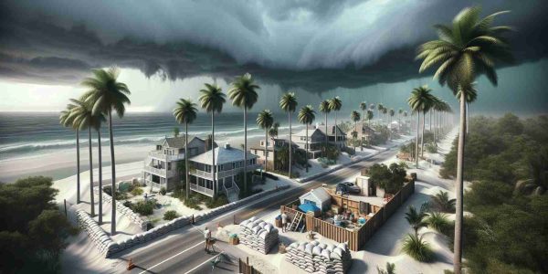 A realistic, high-definition image depicting the state of Florida under ominous, cloudy skies. The weather is indicative of an impending tropical storm, which has led to a conspicuous air of cautiousness. Palm trees and coastal homes can be seen prepared for the storm, with securely fastened shutters and sandbags around the foundations. People are seen displaying preparation measures, such as storing water and supplies, whilst upholding safety protocols.