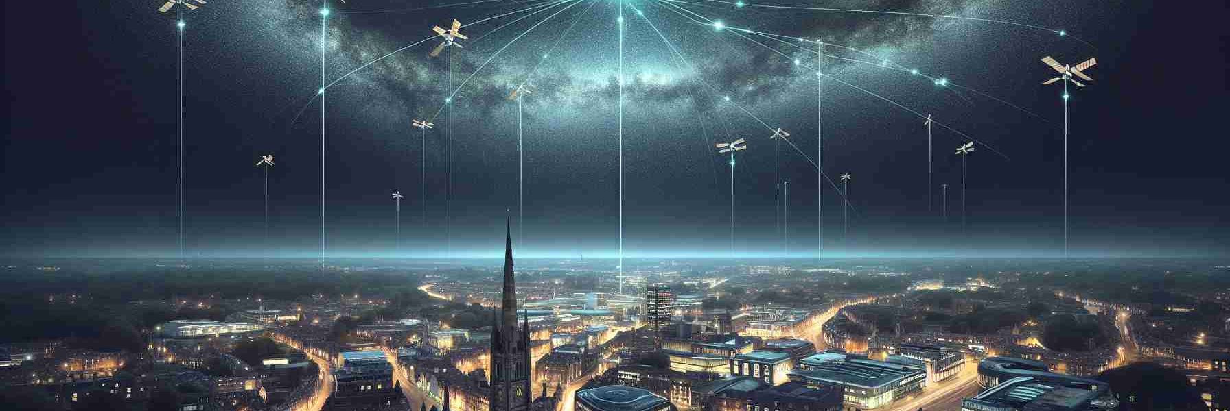 A highly realistic image of Starlink satellites enhancing connectivity over Norwich. The night sky should be clear, filled with a constellation of satellites forming a visual spectacle. A panoramic view of Norwich cityscape below, with the significant historical buildings and landmarks subtly visible. The satellites are represented by tiny glowing lights, contrasting with the dark sky and leaving behind trails, depicting the path they traverse. Make sure to highlight the technological aspect, yet preserving the tranquil charm of a city beneath the stars.