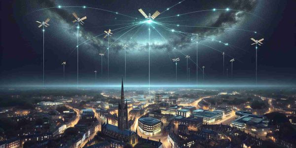 A highly realistic image of Starlink satellites enhancing connectivity over Norwich. The night sky should be clear, filled with a constellation of satellites forming a visual spectacle. A panoramic view of Norwich cityscape below, with the significant historical buildings and landmarks subtly visible. The satellites are represented by tiny glowing lights, contrasting with the dark sky and leaving behind trails, depicting the path they traverse. Make sure to highlight the technological aspect, yet preserving the tranquil charm of a city beneath the stars.