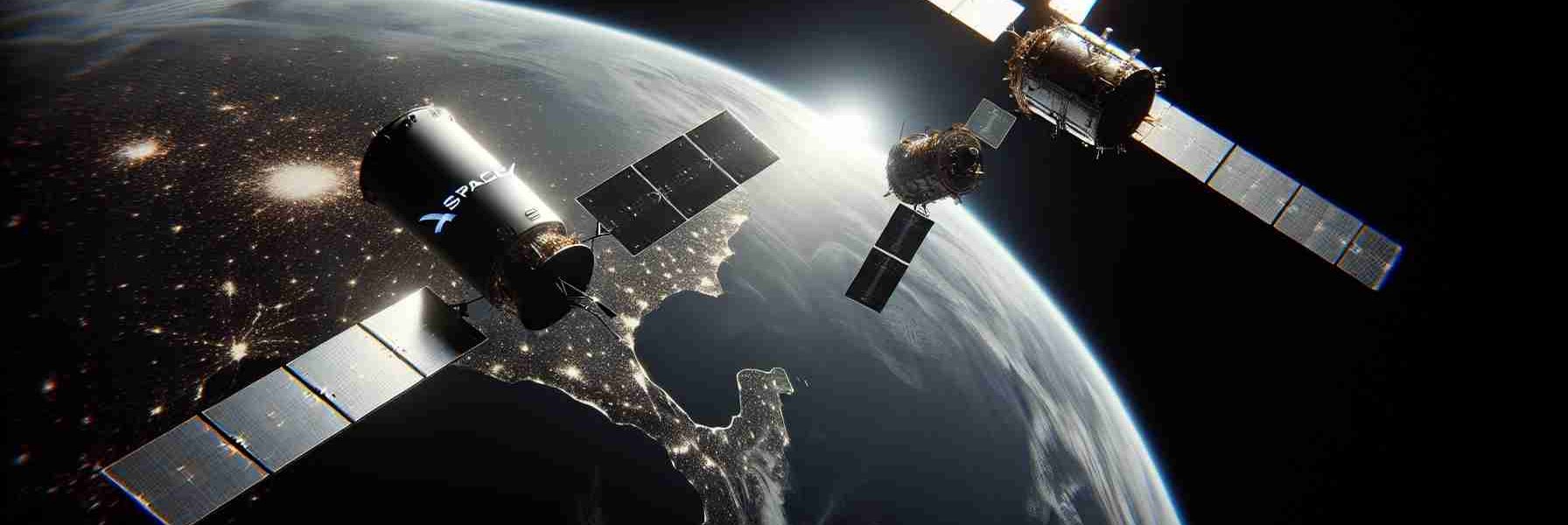 A high-definition, realistic image that depicts a symbolic interaction between SpaceX and it's satellite competitors. Showcase this in form of three satellites of different designs, revolving in the black vastness of space, with a visible part of earth in the background. On one of the satellites, display the SpaceX logo clearly, and on the other two, display abstract logos to represent competitors. This symbolizes the concept of spectrum cooperation in the satellite industry.