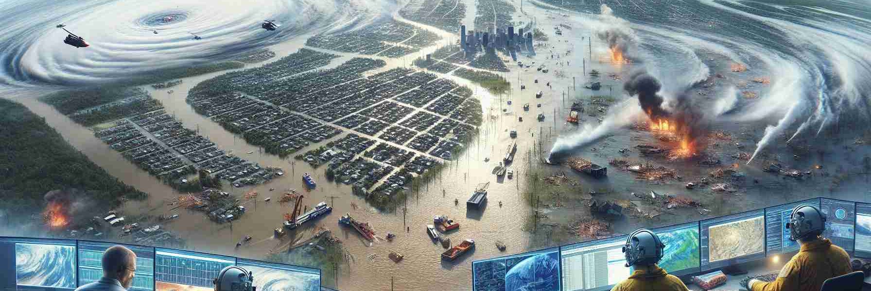 Realistic high-definition image depicting the aftermath of a large hurricane, showing the critical role of a space agency in navigating the recovery. The scene includes aerial views of severe flooding and damaged buildings, along with satellite images and experts studying data. The image also shows helicopters airlifting supplies and search-and-rescue operations taking place, highlighting the vital role that technology and science play in disaster management.