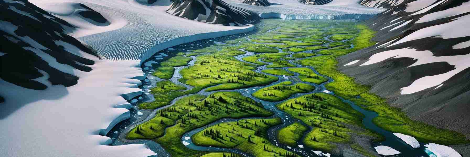 High-definition photo-realistic image of Antarctica transforming into a verdant landscape. Picture snow and ice-capped mountains gradually yielding to a layer of fresh, lush greenery. Imagine pristine, untouched snowfields slowly turning into meadows covered in a blanket of green grass, edged by rapidly growing pine and fir forests. Visualize untouched icy streams becoming gentle, freshwater rivers flowing through the undulating terrain, where the startling contrast between the chilling ice and the warming, vibrant green demarcates the transformation of this formerly frozen landscape.